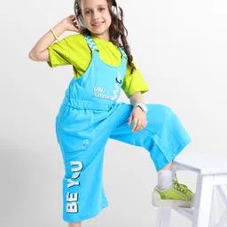 Ollington St. 100% Cotton Printed Dungaree & Half Sleeves Inner Top -Green & Light Blue-picture-12