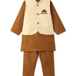 Ridokidz Full Sleeves Solid Kurta & Pyjama With Chevron Embroidered Jacket Set - Brown & White-picture-16