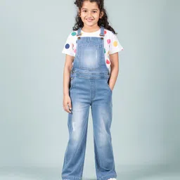 tweeny mini Denim Woven Mild Washed & Distressed Dungaree With Half Sleeves Polka Dots Printed Tee - Blue-picture-36