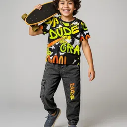 OLLINGTON ST. Sinker Cotton Knit Half Sleeves T-Shirt & Stretchable Denim Joggers with Text Print - Multicolor & Black-picture-30