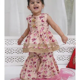 Little Bansi Cotton Woven Sleeveless Floral Printed Gota Lace Embellished Kurti Sharara With Dupatta Set - Peach-picture-32
