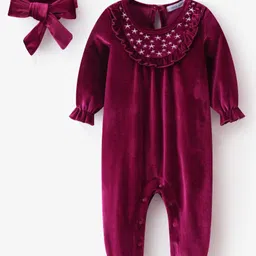 Mark & Mia Full Sleeves Winter Wear Romper & Hairband With Star Print & Frill Detailing - Maroon-picture-20