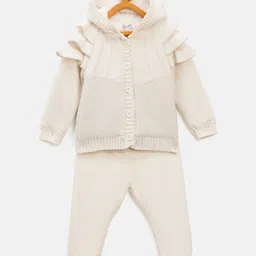 JWAAQ Cotton Knit Full Sleeves Self Designed & Fur Detailed Hooded Sweater With Pant Set - White-picture-18