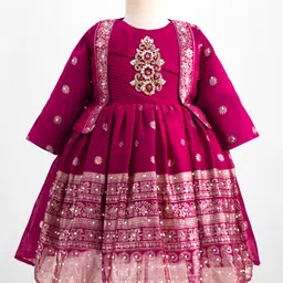 Enfance Floral Embroidered Pleated Knee Length Dress With Full Sleeves Jacket Set - Wine-picture-21