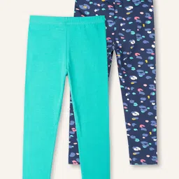 Ariel Cotton Knit Pack Of 2 Solid & Abstract Printed Leggings - Blue & Turquoise-picture-30