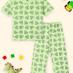 The Mom Store Cotton Woven Half Sleeves Alligator Printed Night Suit Set - Green-picture-10