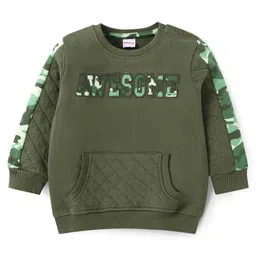 Babyhug Terry Knit Full Sleeves T-Shirt & Cut & Sew Designed Lounge Pant Set with Kangaroo Pockets & Text Embroidery - Dark Green image 2
