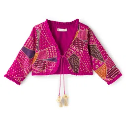 EARTHY TOUCH Woven Ethnic Dress with Three Fourth Sleeves Jacket with Sequin Detailing - Pink image 2