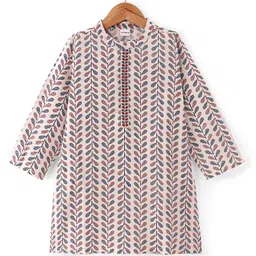 Babyhug Cotton Woven Full Sleeves Kurta with Leaf Print - Red & Navy image 3