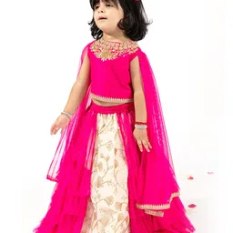 Elaisha Draped Sleeves Sequin Embroidered & Lace Embellished Top With Underlay Ruffled Skirt - Pink & Off White image 4