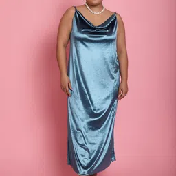 theRebelinme Women Plus Size Cowl Neck Velvet Maxi A-Line Slip Dress With Slits Details image 1