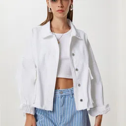 Happiness istanbul Spread Collar Cotton Crop Denim Jacket-picture-15