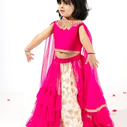 Elaisha Draped Sleeves Sequin Embroidered & Lace Embellished Top With Underlay Ruffled Skirt - Pink & Off White image 5