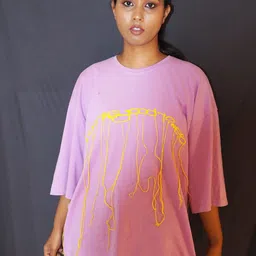 BANGS AND CRACKLES Women Dual Fusion Self Design Round Neck Cotton Oversized T-shirt-picture-27