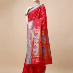 JUST FASHION Red Zari Work Saree With Unstitched Blouse image 3