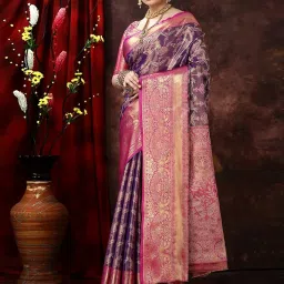 JUST FASHION Purple & Pink Silk Zari Work Saree With Unstitched Blouse image 3