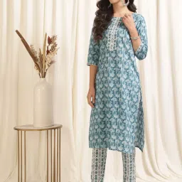 Rangita Blue & White Cotton Printed Kurta Pant Set image 3