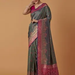 Monjolika Fashion Olive & Green Banarasi Silk Zari Work Saree With Blouse image 3