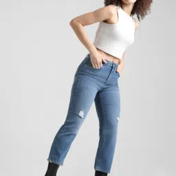 Only Blue Blended Distressed Regular Fit High Rise Jeans image 3