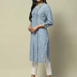 Rangriti Blue Cotton Printed A Line Kurta image 3