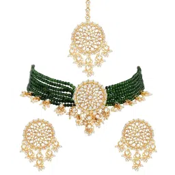 Peora Gold Plated Green Kundan Choker Necklace Earring with Dangling Pearl Set image 3