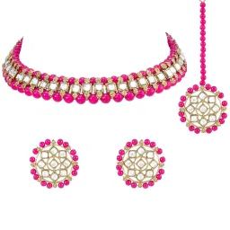 Peora Gold Plated Kundan Choker Necklace Round Stud Earring & Maang Tikka Set image 3