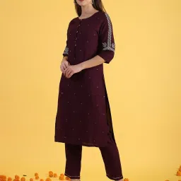 W Purple Viscose Embroidered Three Quarter Sleeves Kurta image 3