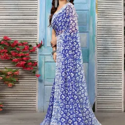 Satrani Blue Floral Print Saree With Unstitched Blouse image 3