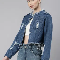 showoffff SHOWOFF Blue Regular Fit Crop Denim Jacket image 3