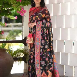 SHUBHKALA Black Silk Floral Print Saree With Unstitched Blouse image 3