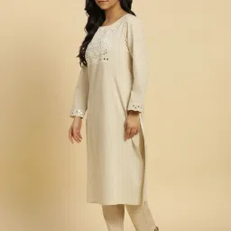 W Beige Cotton Embellished Straight Kurta image 3