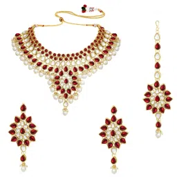 Peora Maroon Necklace with Earring & Maang Tikka Set image 3