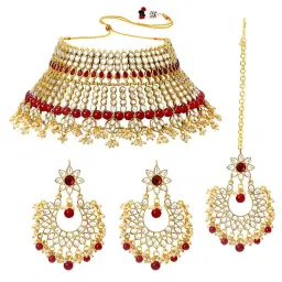 Peora Maroon Necklace with Earring & Maang Tikka Set image 3