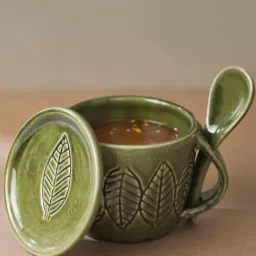 Fabindia Home Roma Green Ceramic Glazed Mug With Lid & Spoon (280ml)-image-46