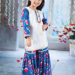 Little Bansi White & Blue Cotton Floral Print Full Sleeves Kurta Set image 3