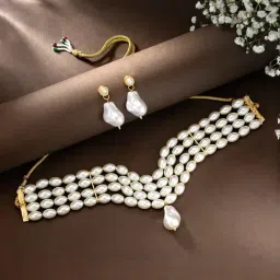 Peora Gold Plated White Pearl Choker Necklace with Drop Earrings Stylish Set-picture-42
