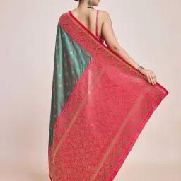 Monjolika Fashion Green Woven Saree With Unstitched Blouse image 2