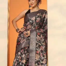 Libas Black Floral Print Saree With Unstitched Blouse image 4
