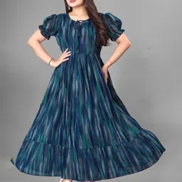 QENA Women Printed Puff Sleeves Pleated Detail Fit and Flare Maxi Dress-image-1