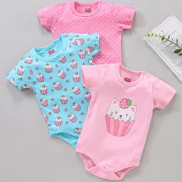 Babyhug 100% Cotton Half Sleeves Onesie Multi Print Pack of 3 - Multicolour-picture-20
