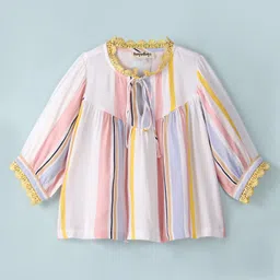 Hugsntugs Cotton Full Sleeves Stripe Pattern Lace Detailed Top - White-picture-27