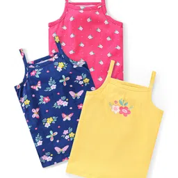 Babyhug 100% Cotton Knit Sleeveless Slips Floral & Butterfly Print Pack Of 3 - Pink Yellow & Blue-image-86