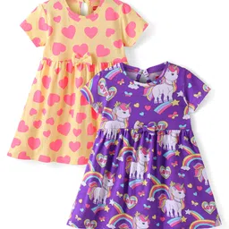 Babyhug 100% Cotton Single Jersey Knit Half Sleeves Frock With Hearts & Unicorn Print Pack Of 2 - Multicolor-picture-34