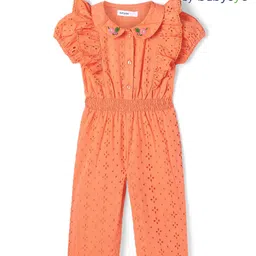 Babyoye Cotton Woven Dobby Half Sleeves Frill Detailed Schiffli Jumpsuit with Peter Pan Collar & Floral Embroidery-  Orange-image-51
