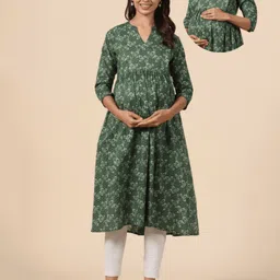 CRAFIQA Three Fourth Sleeves Floral Printed Maternity Kurta With Concealed Zipper Nursing Access - Green-picture-16