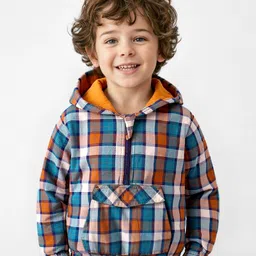 Babyhug Cotton Woven Full Sleeves Checkered Hooded Sweatshirt With Kangaroo Pockets - Orange-picture-12