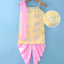 Saka Designs Satin Woven Sleeveless Foil Printed Kurta Dhoti Set with Dupatta - Pink & Yellow-picture-24
