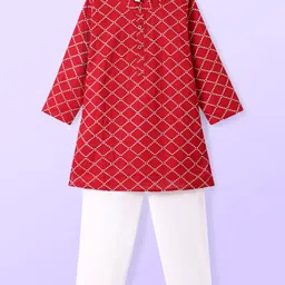 Babyhug Cotton Woven Full Sleeves Kurta & Pyjama Set With Square Embroidery - Red-picture-11