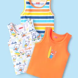 Babyhug 100 % Cotton Knit Sleeveless Striped & Animal Printed Vests Pack of 3 - Coral & White-picture-18