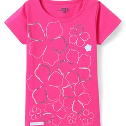 Under Fourteen Only Cotton Half Sleeves Floral Printed & Sequins Embellished Top - Pink-image-44